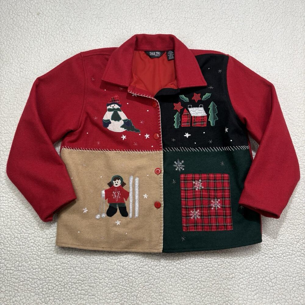 Take Two Clothing Co Christmas Jacket Womens XL Patchwork Snowman Wool Blend Ski